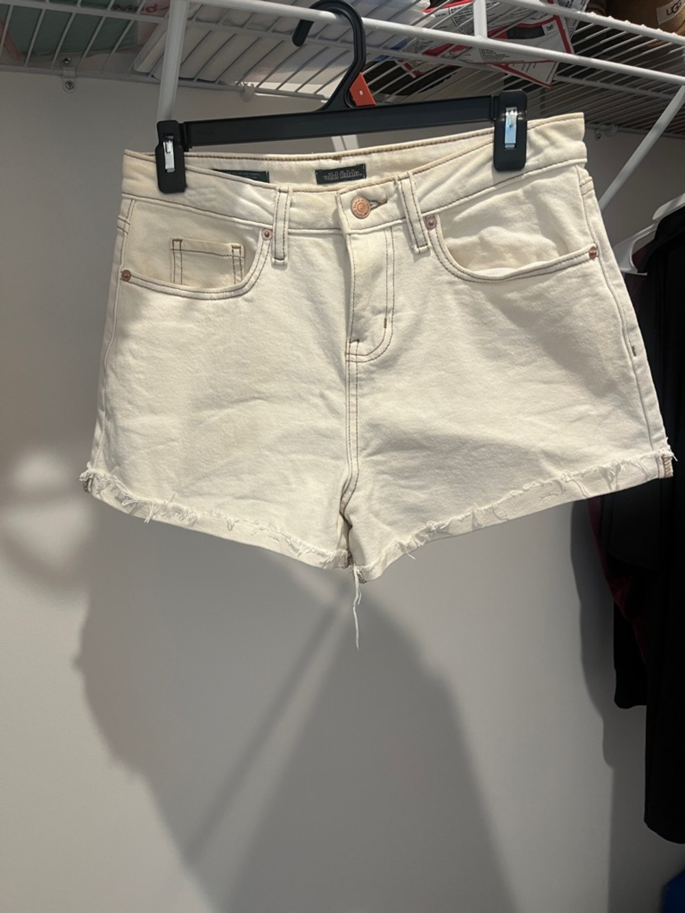 Cream High-Rise Raw Hem Denim Shorts